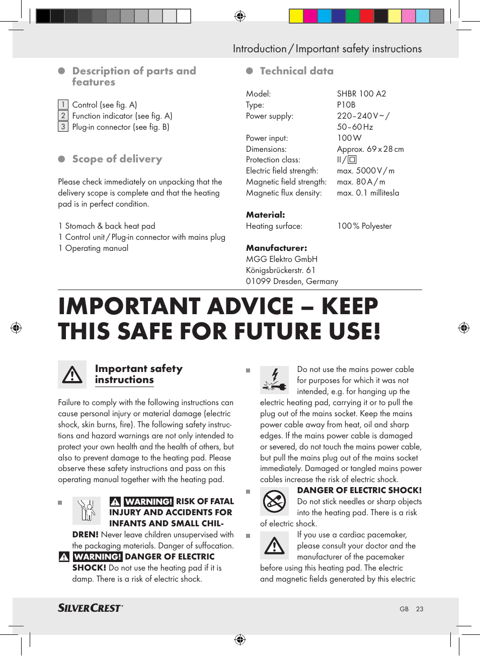 Important advice – keep this safe for future use, Introduction / important safety instructions | Silvercrest SHBR 100 A2 User Manual | Page 19 / 24