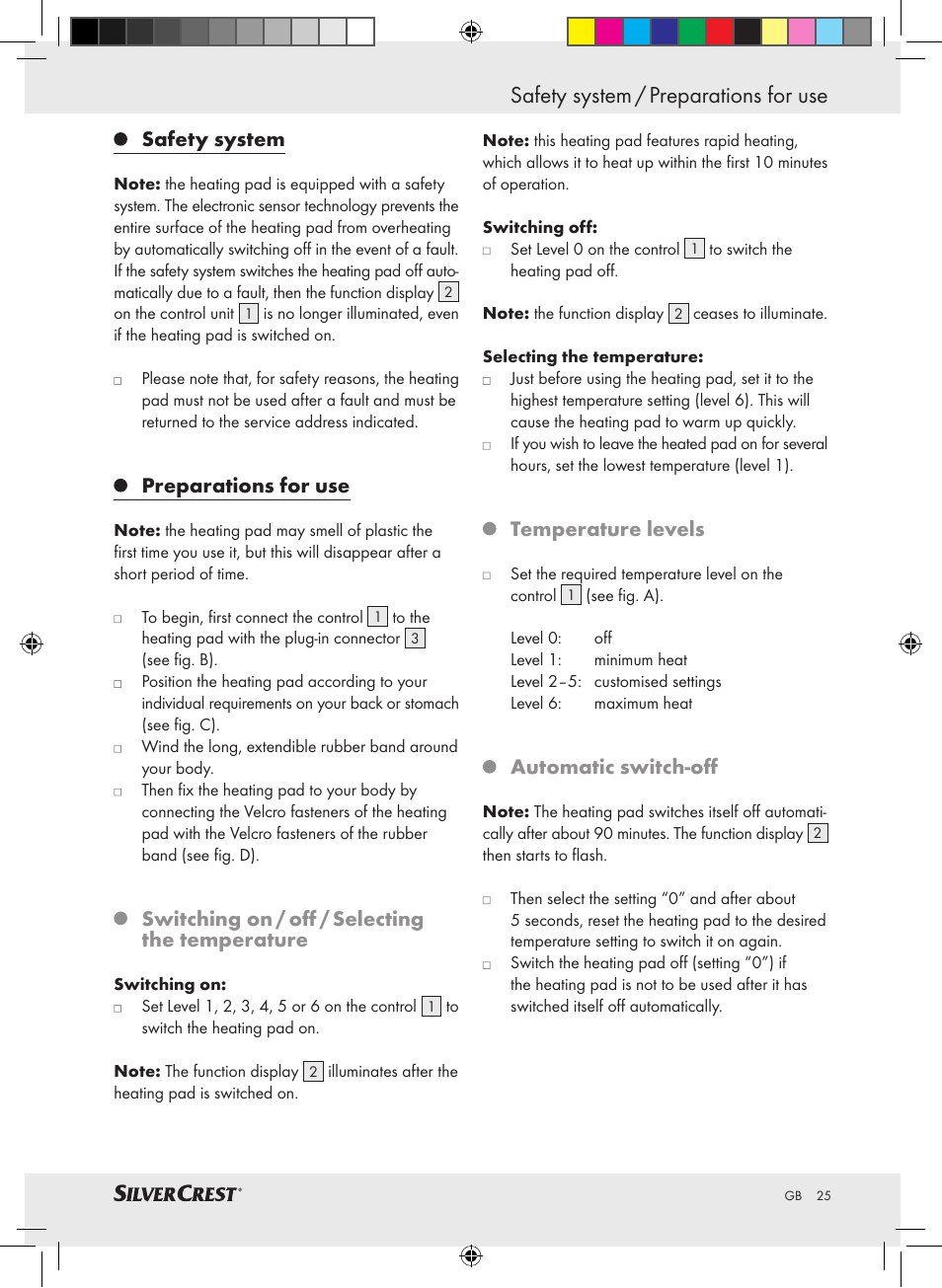 Safety system / preparations for use, Safety system, Preparations for use | Switching on / off / selecting the temperature, Temperature levels, Automatic switch-off | Silvercrest SHBR 100 A2 User Manual | Page 21 / 24