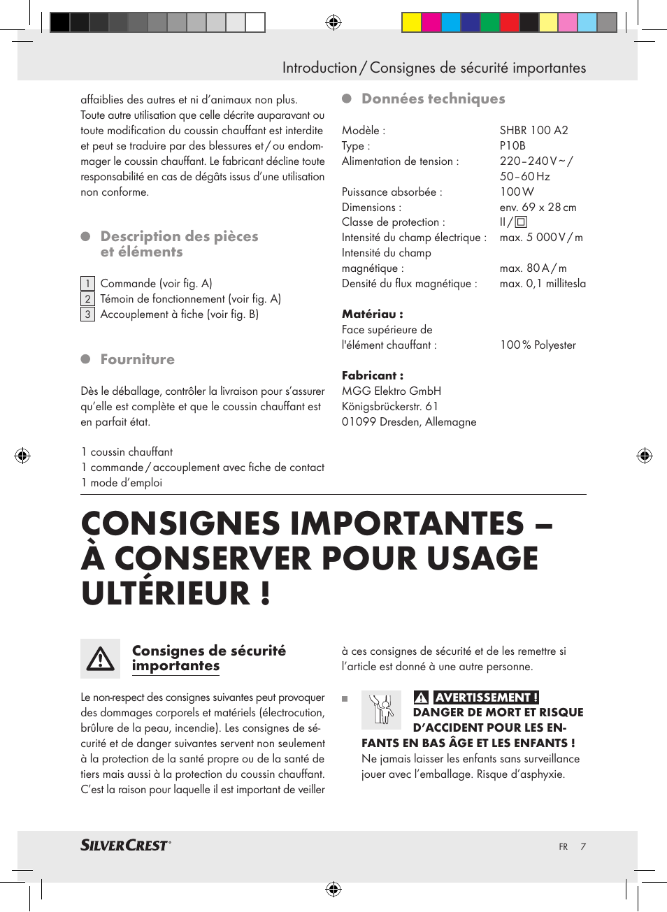 Introduction / consignes de sécurité importantes | Silvercrest SHBR 100 A2 User Manual | Page 3 / 24
