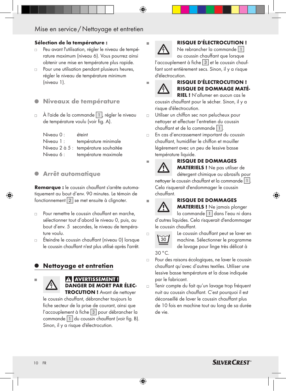 Mise en service / nettoyage et entretien, Niveaux de température, Arrêt automatique | Nettoyage et entretien | Silvercrest SHBR 100 A2 User Manual | Page 6 / 24