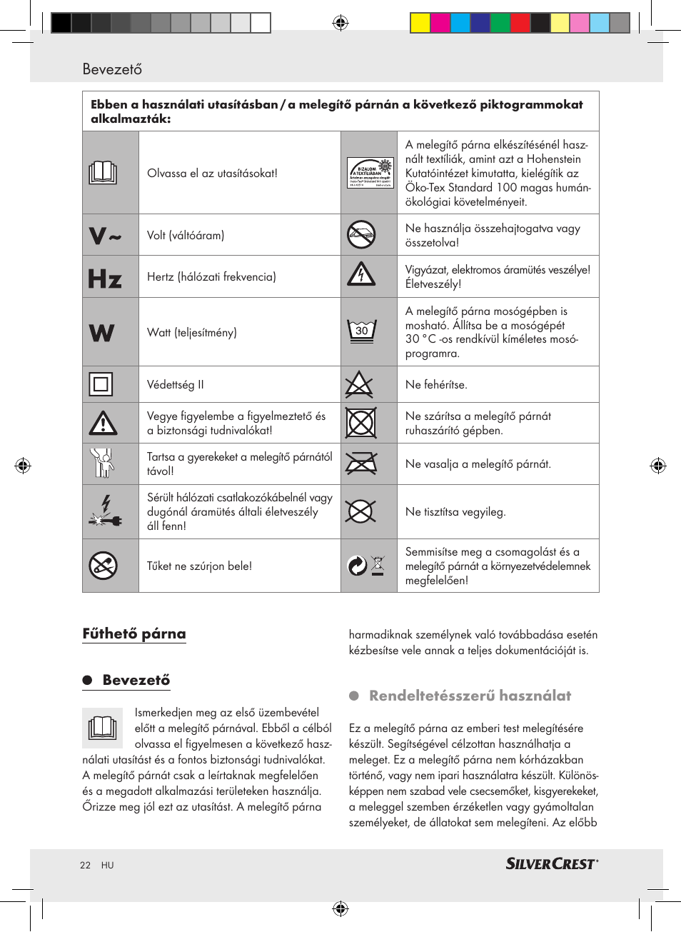 Bevezető, Fűthető párna bevezető, Rendeltetésszerű használat | Silvercrest SHBR 100 A2 User Manual | Page 18 / 48