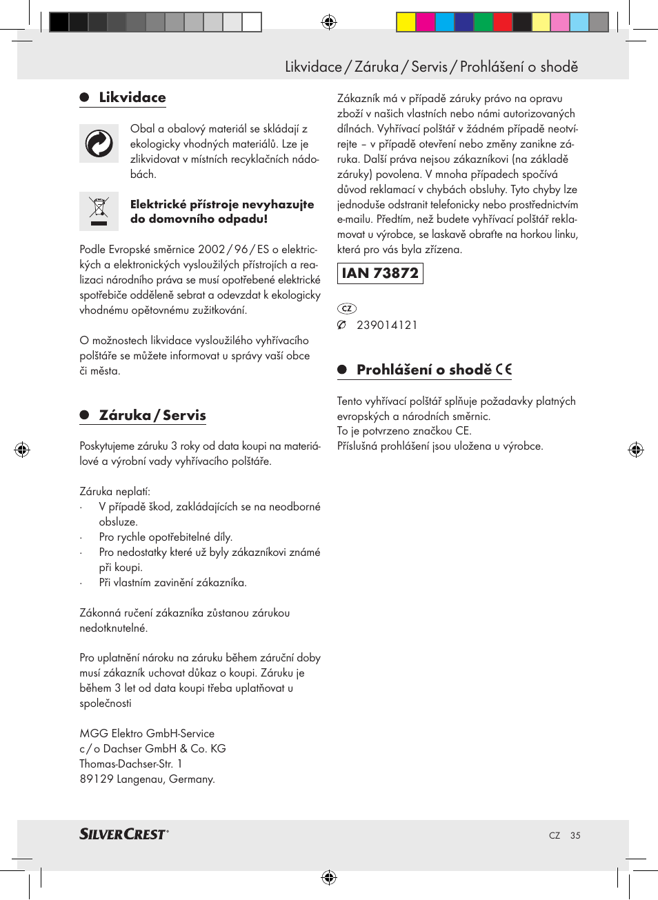 Likvidace / záruka / servis / prohlášení o shodě | Silvercrest SHBR 100 A2 User Manual | Page 31 / 48