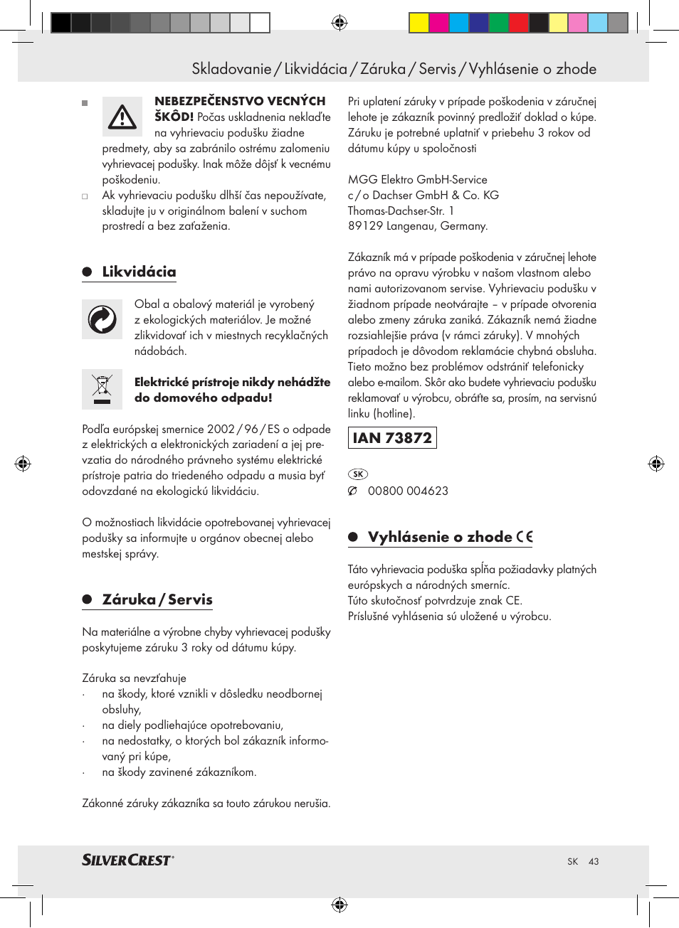 Likvidácia, Záruka / servis, Vyhlásenie o zhode | Silvercrest SHBR 100 A2 User Manual | Page 39 / 48