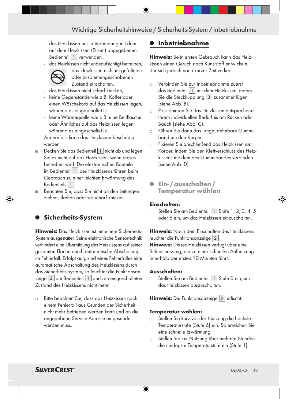 Sicherheits-system, Inbetriebnahme, Ein- / ausschalten / temperatur wählen | Silvercrest SHBR 100 A2 User Manual | Page 45 / 48