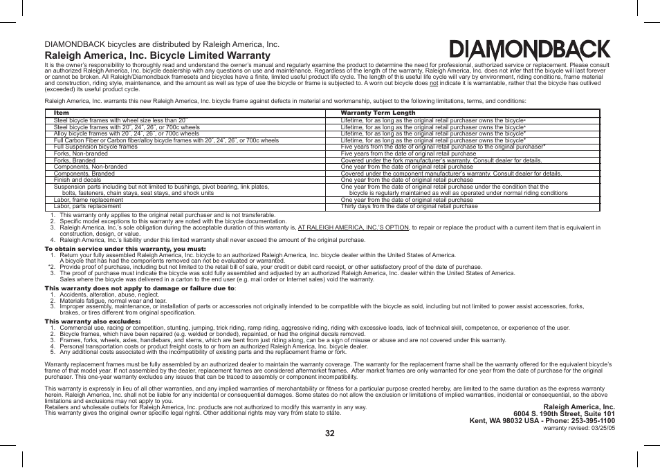 Raleigh america, inc. bicycle limited warranty | Diamondback BMX 2008-2005 User Manual | Page 32 / 32