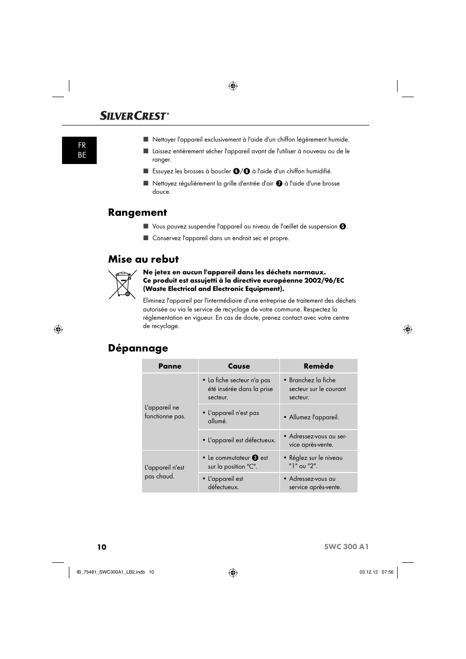 Rangement, Mise au rebut, Dépannage | Fr be | Silvercrest SWC 300 A1 User Manual | Page 13 / 39