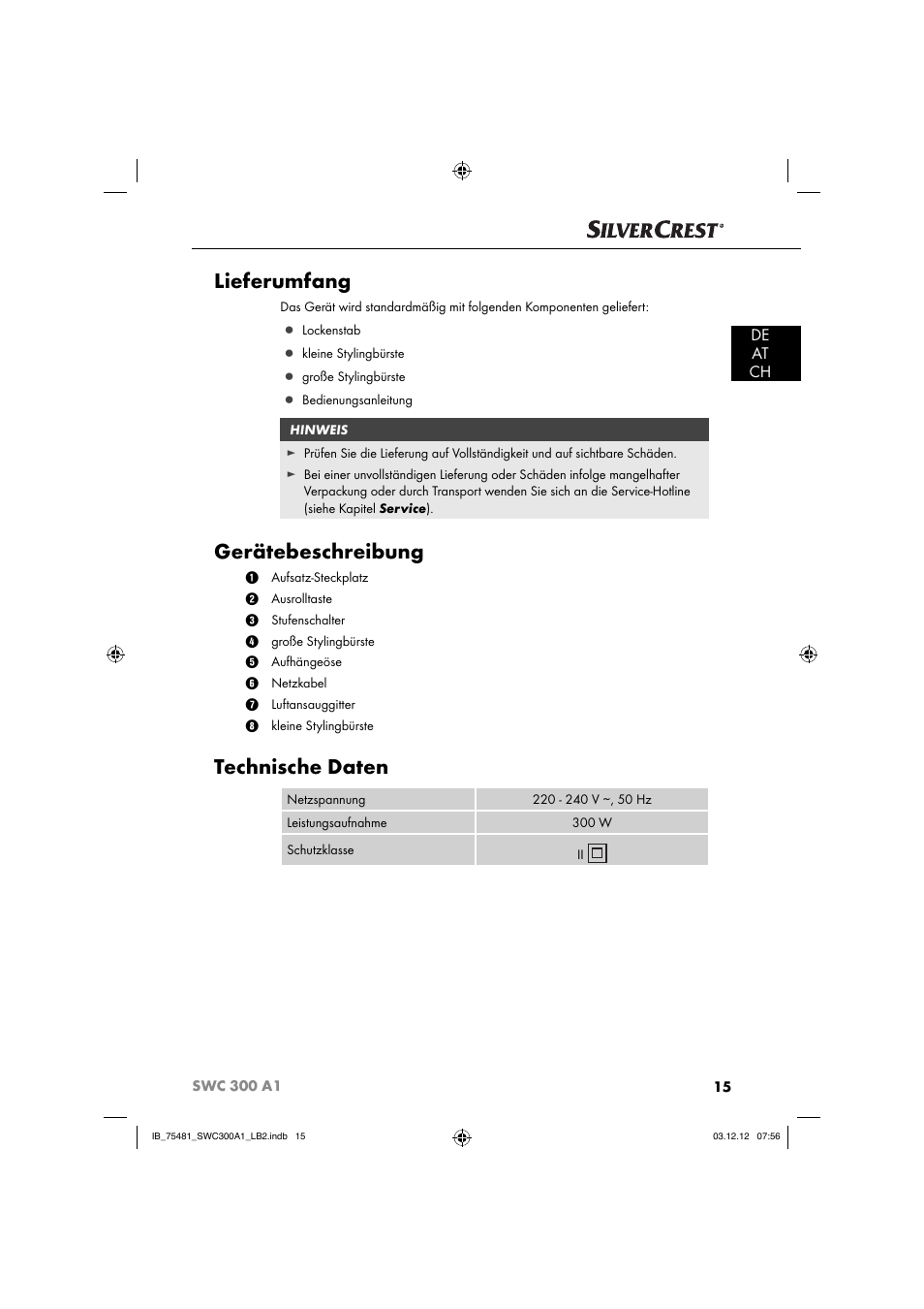 Lieferumfang, Gerätebeschreibung, Technische daten | De at ch | Silvercrest SWC 300 A1 User Manual | Page 18 / 39