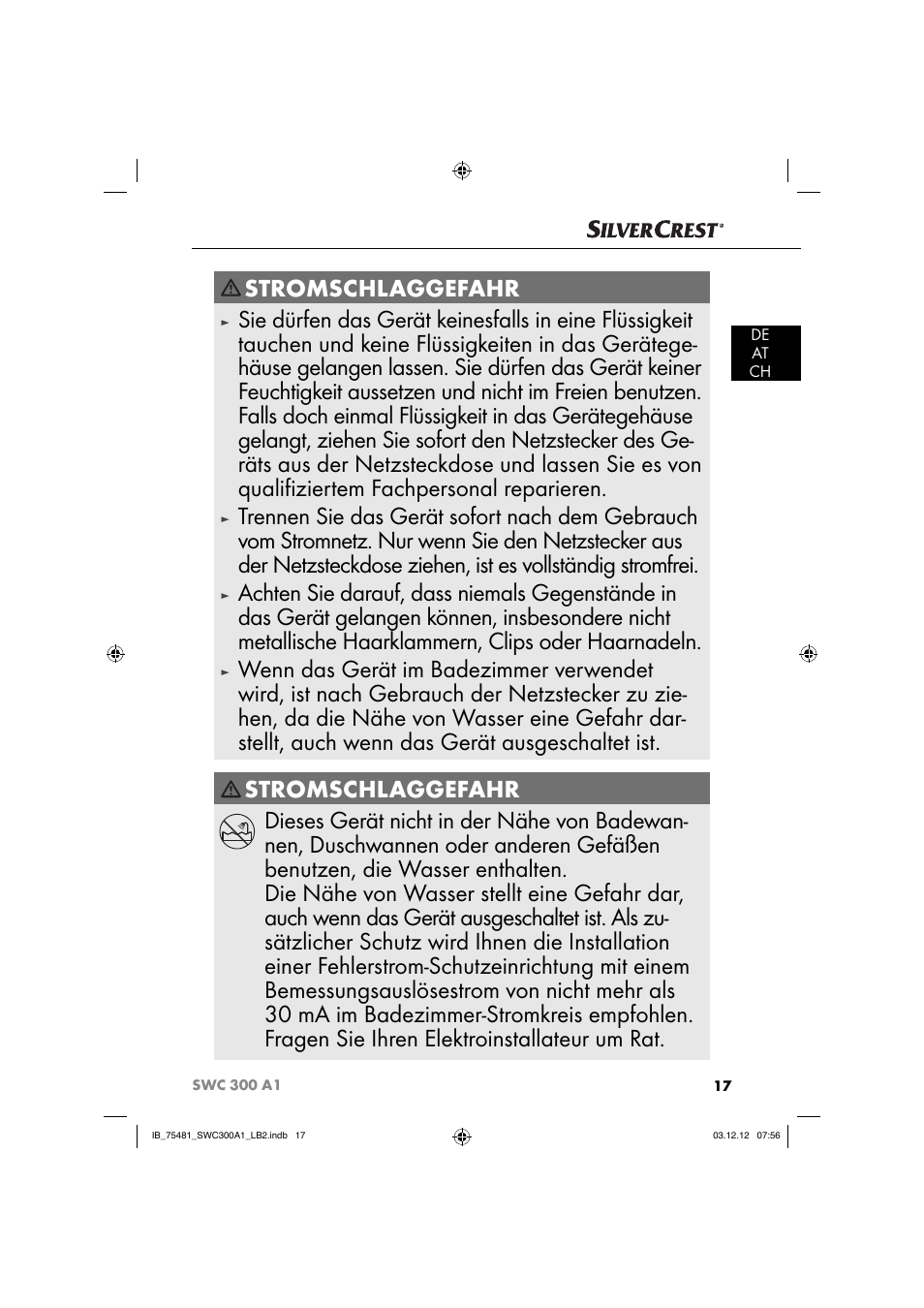 Stromschlaggefahr | Silvercrest SWC 300 A1 User Manual | Page 20 / 39