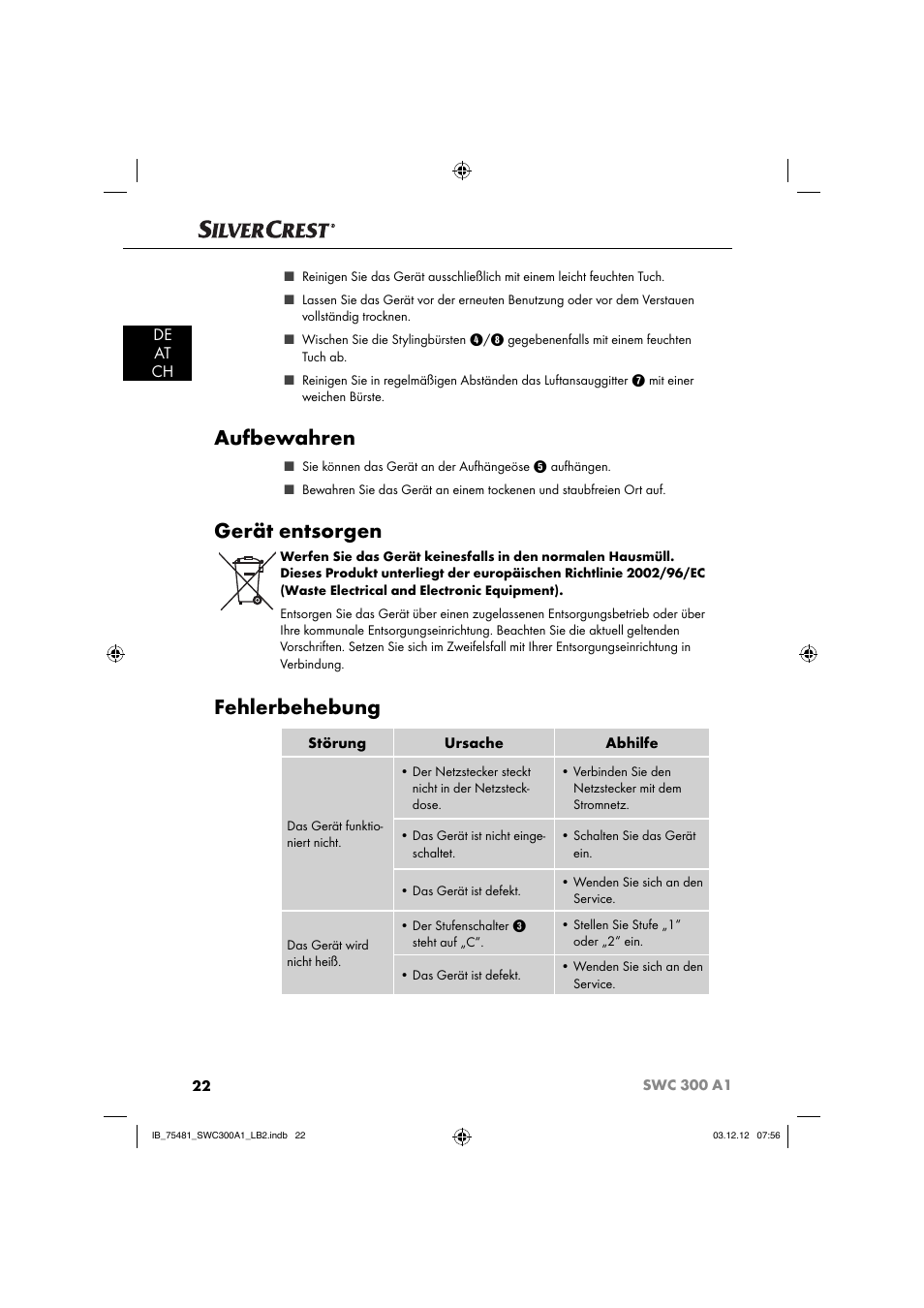 Aufbewahren, Gerät entsorgen, Fehlerbehebung | De at ch | Silvercrest SWC 300 A1 User Manual | Page 25 / 39