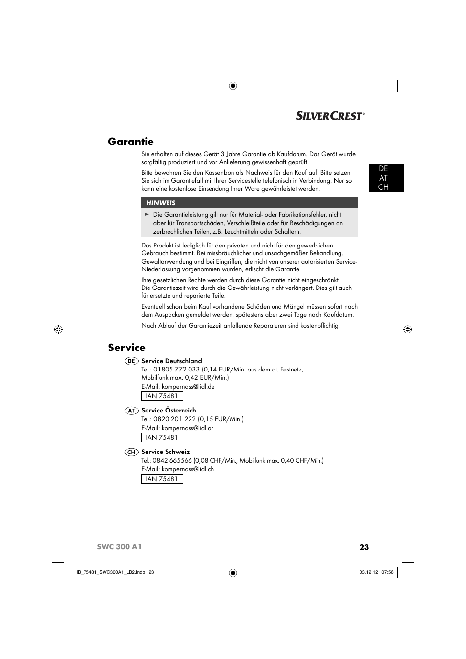 Garantie, Service, De at ch | Silvercrest SWC 300 A1 User Manual | Page 26 / 39