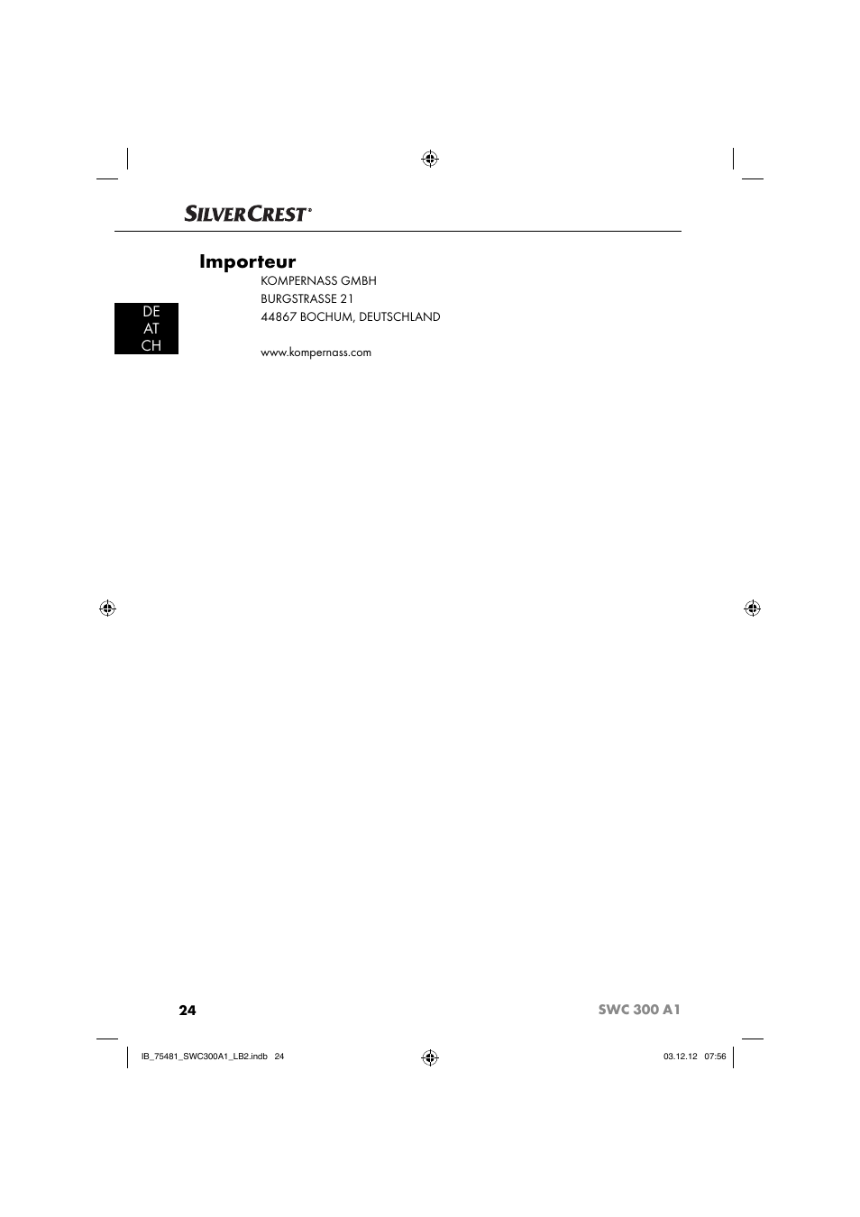 Importeur, De at ch | Silvercrest SWC 300 A1 User Manual | Page 27 / 39