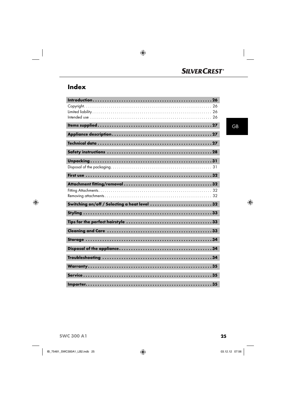 Index | Silvercrest SWC 300 A1 User Manual | Page 28 / 39
