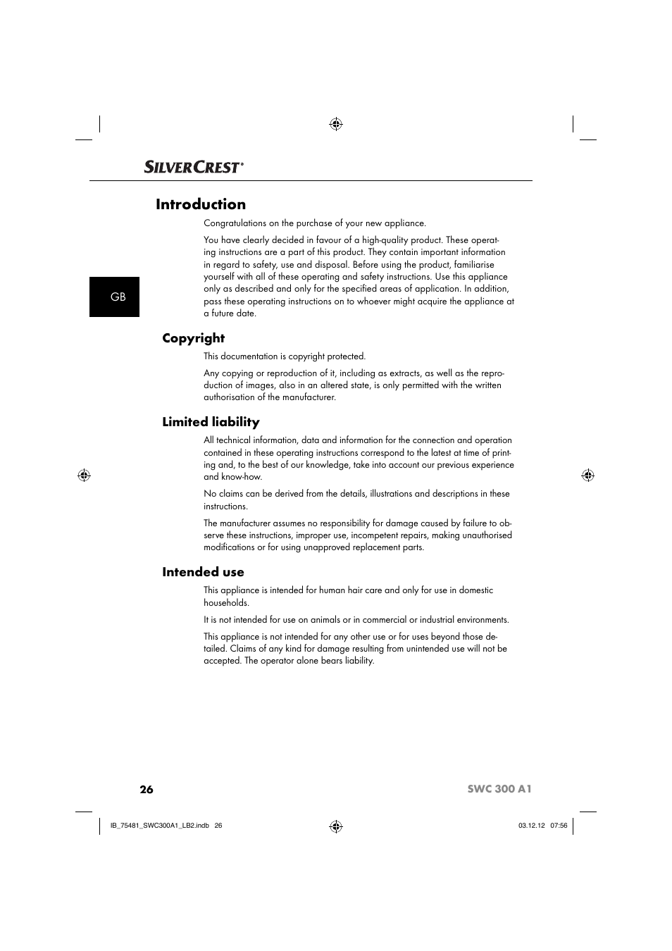 Introduction, Copyright, Limited liability | Intended use | Silvercrest SWC 300 A1 User Manual | Page 29 / 39