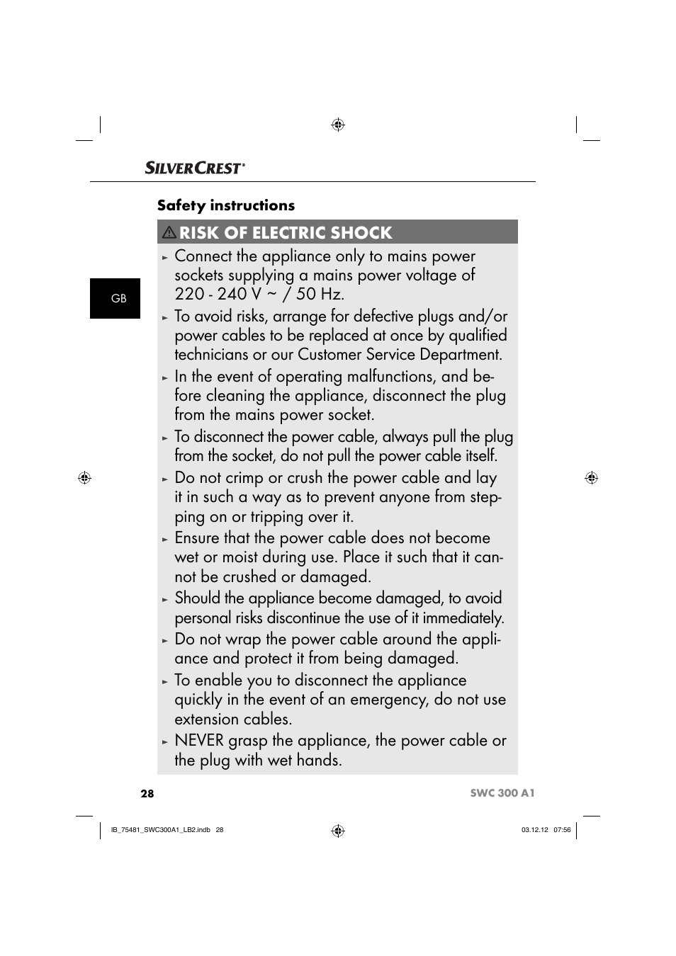 Risk of electric shock, Safety instructions | Silvercrest SWC 300 A1 User Manual | Page 31 / 39