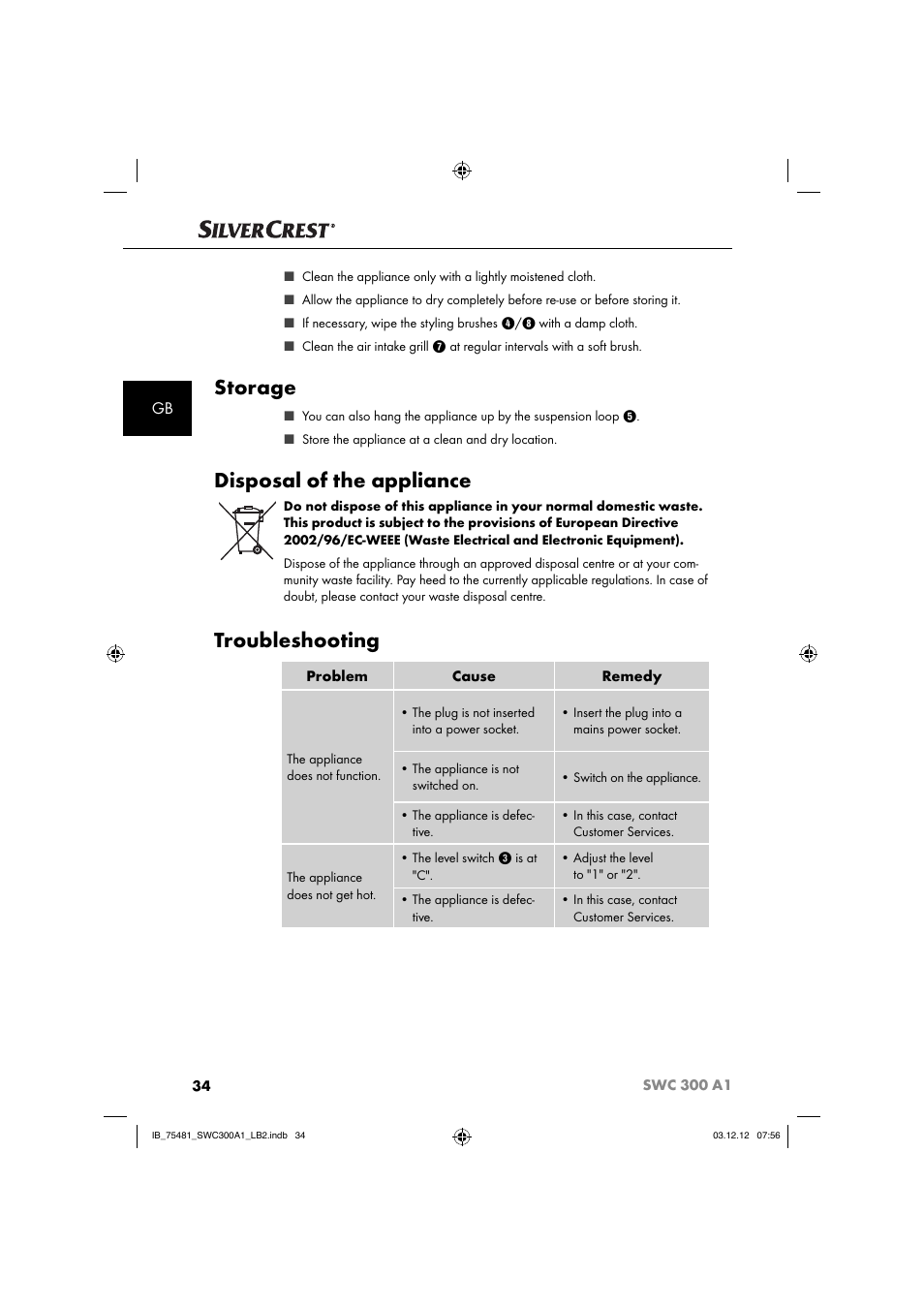 Storage, Disposal of the appliance, Troubleshooting | Silvercrest SWC 300 A1 User Manual | Page 37 / 39