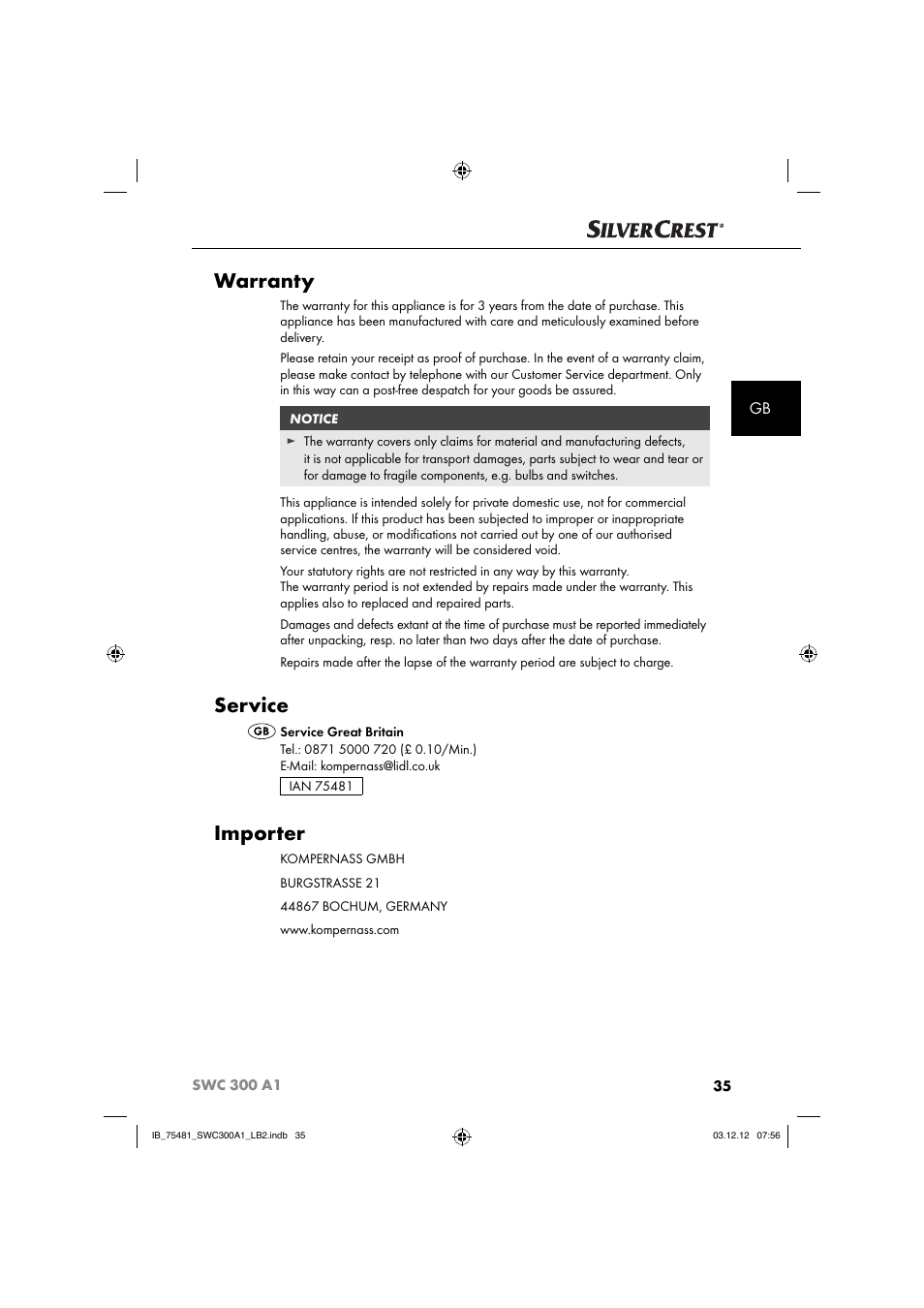 Warranty, Service, Importer | Silvercrest SWC 300 A1 User Manual | Page 38 / 39