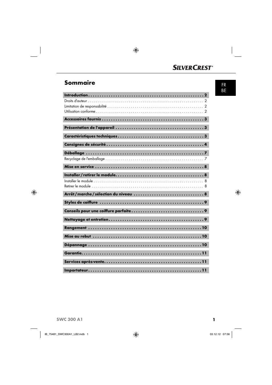 Sommaire, Fr be | Silvercrest SWC 300 A1 User Manual | Page 4 / 39
