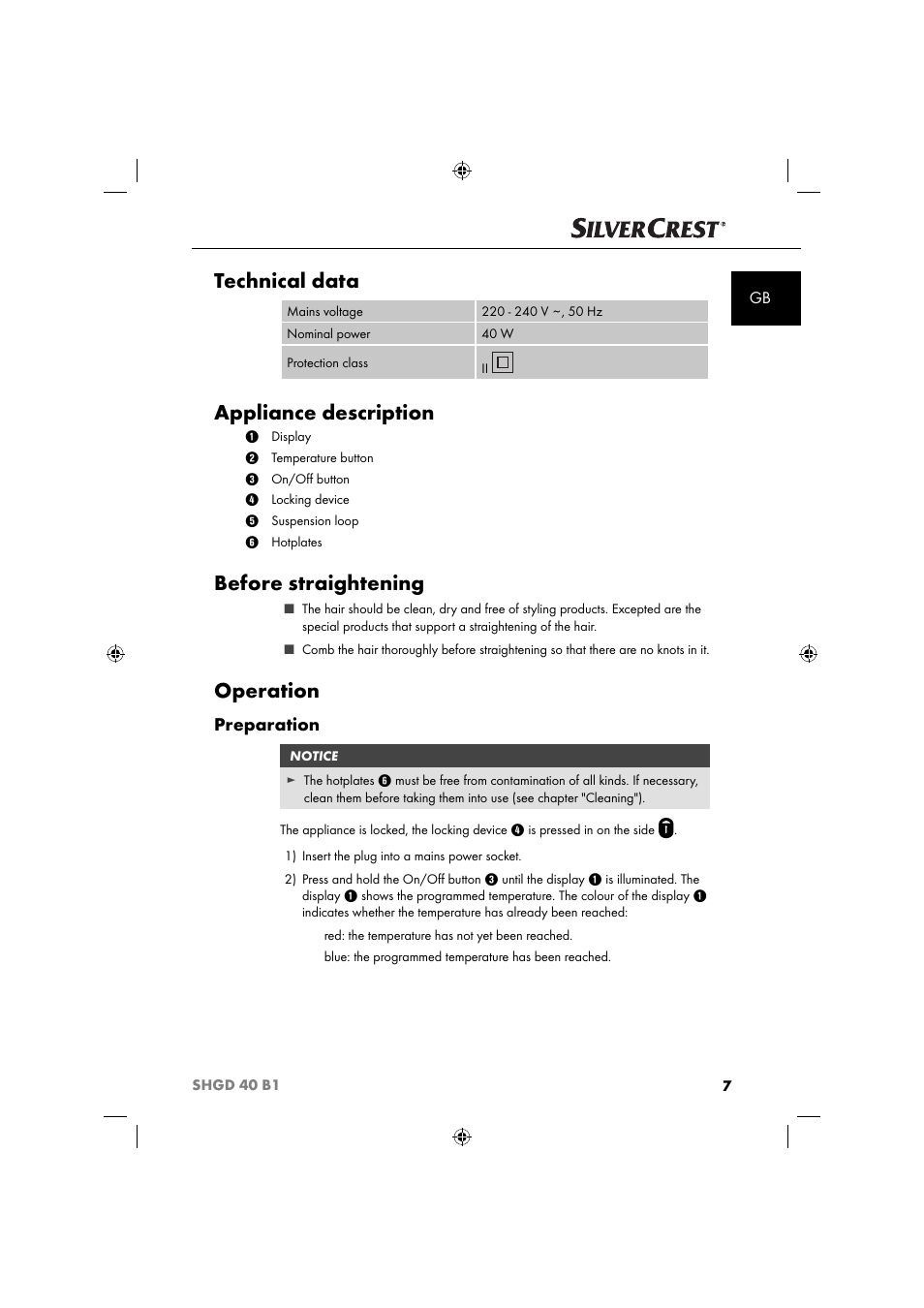 Technical data, Appliance description, Before straightening | Operation, Preparation | Silvercrest SHGD 40 B1 User Manual | Page 10 / 52