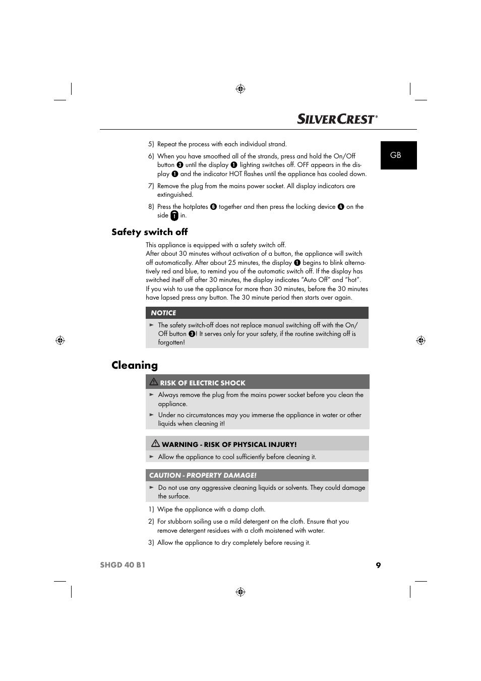 Cleaning, Safety switch oﬀ | Silvercrest SHGD 40 B1 User Manual | Page 12 / 52