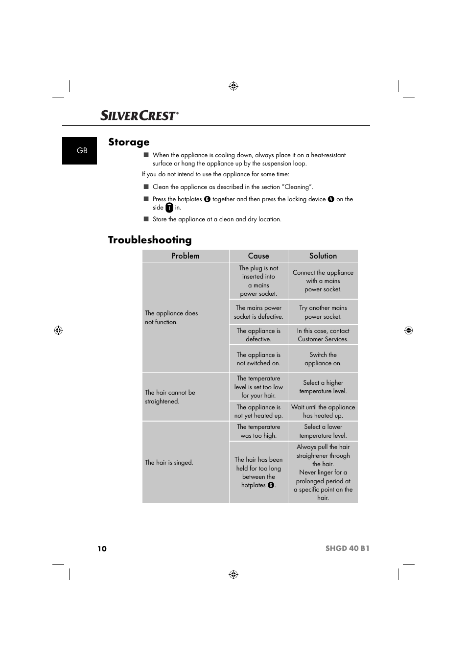Storage, Troubleshooting, Problem cause solution | Silvercrest SHGD 40 B1 User Manual | Page 13 / 52
