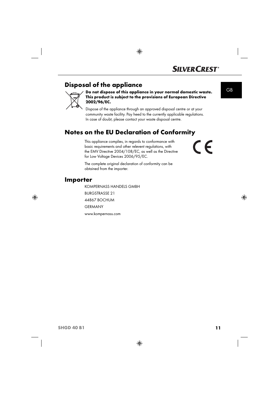 Disposal of the appliance, Importer | Silvercrest SHGD 40 B1 User Manual | Page 14 / 52