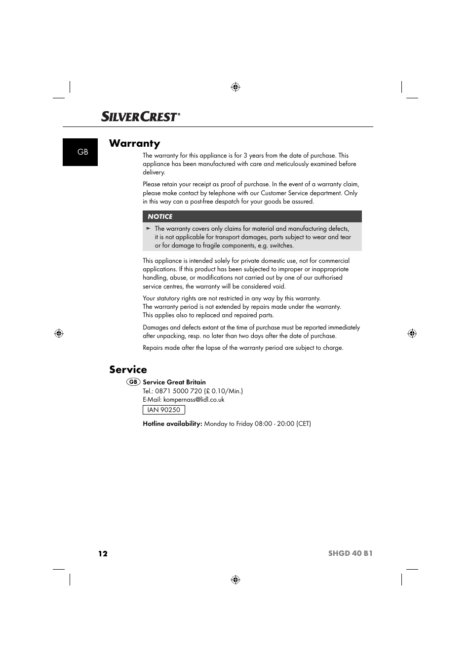 Warranty, Service | Silvercrest SHGD 40 B1 User Manual | Page 15 / 52