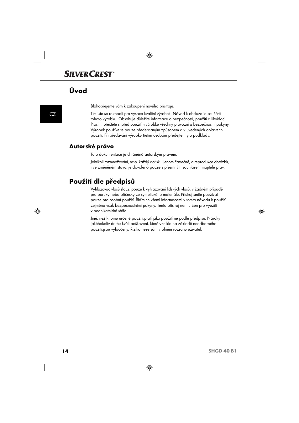 Úvod, Použití dle předpisů, Autorské právo | Silvercrest SHGD 40 B1 User Manual | Page 17 / 52