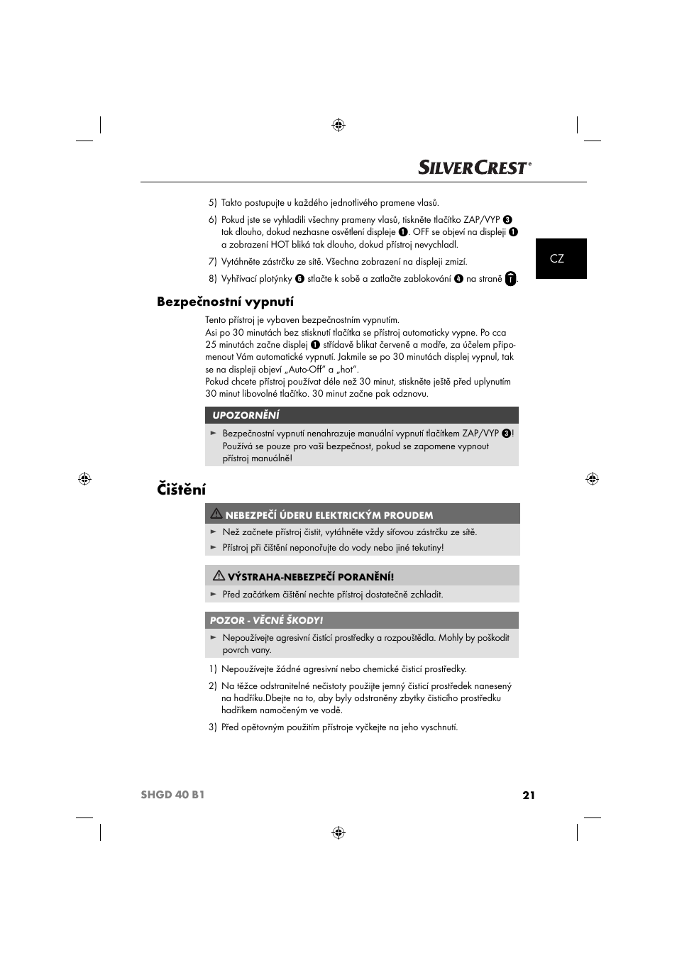 Čištění, Bezpečnostní vypnutí | Silvercrest SHGD 40 B1 User Manual | Page 24 / 52