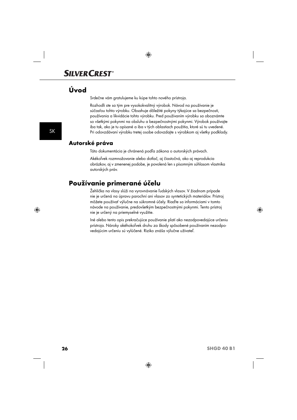 Úvod, Používanie primerané účelu, Autorské práva | Silvercrest SHGD 40 B1 User Manual | Page 29 / 52
