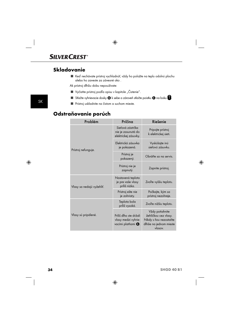 Skladovanie, Odstraňovanie porúch, Problém príčina riešenie | Silvercrest SHGD 40 B1 User Manual | Page 37 / 52