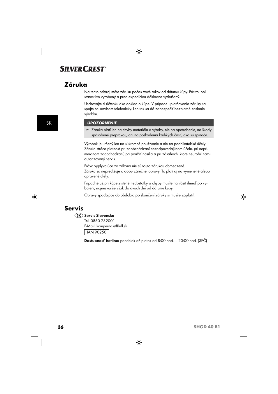 Záruka, Servis | Silvercrest SHGD 40 B1 User Manual | Page 39 / 52