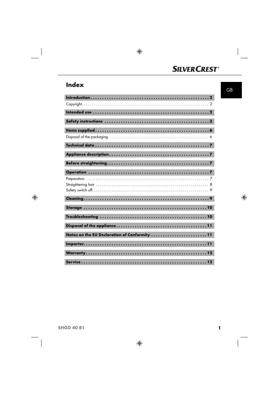 Index | Silvercrest SHGD 40 B1 User Manual | Page 4 / 52
