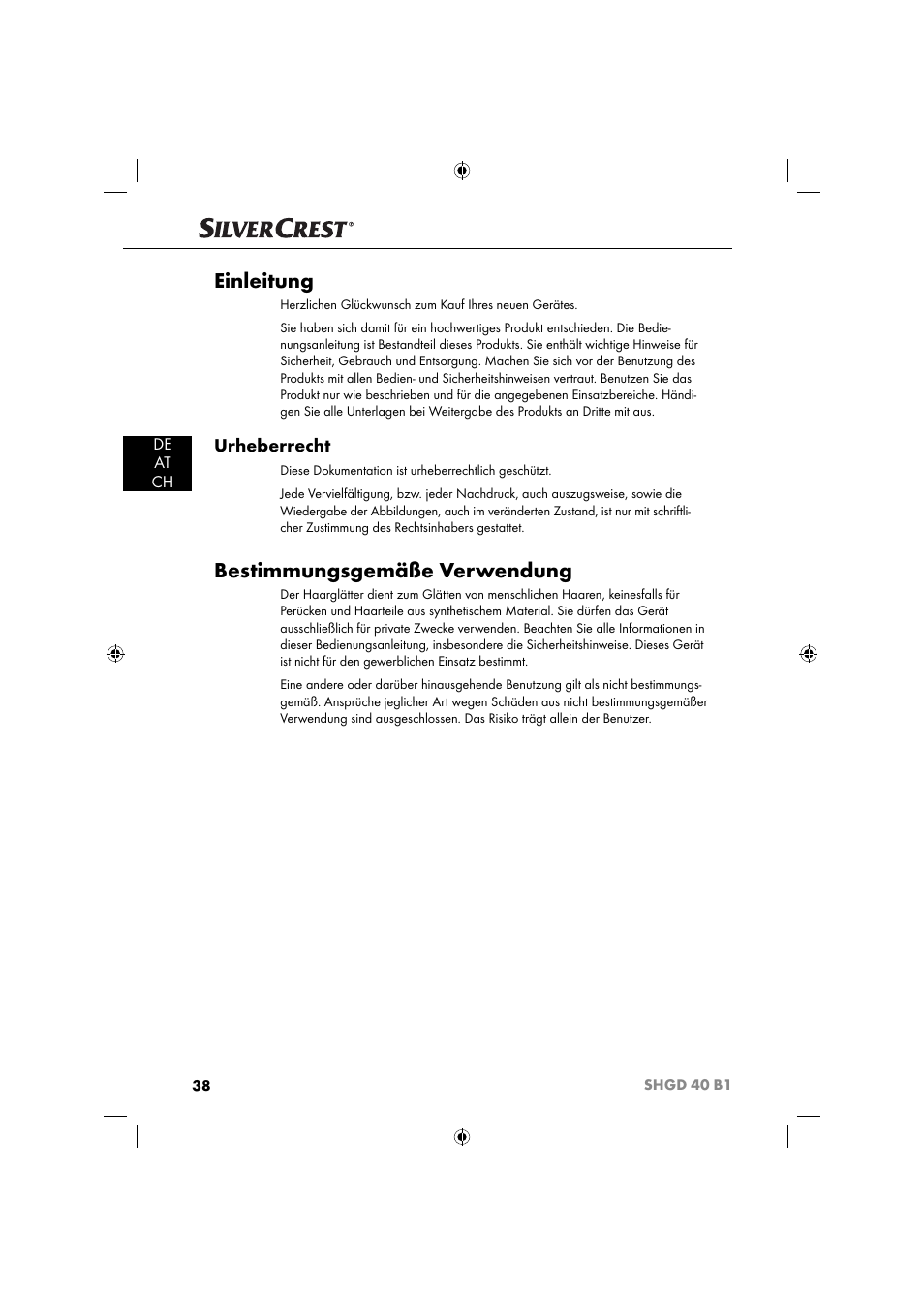 Einleitung, Bestimmungsgemäße verwendung, Urheberrecht | De at ch | Silvercrest SHGD 40 B1 User Manual | Page 41 / 52