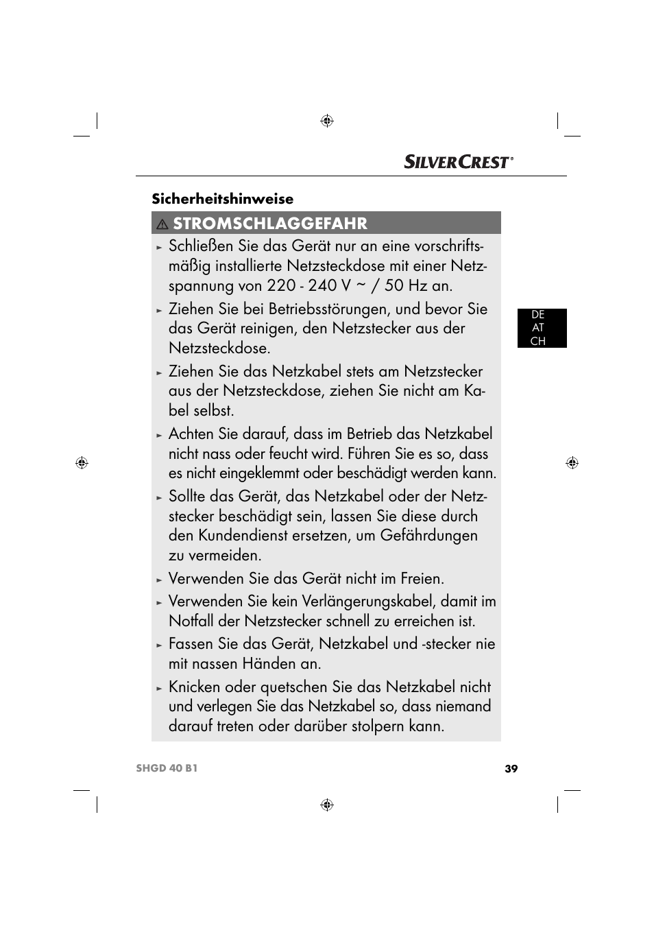 Stromschlaggefahr, Verwenden sie das gerät nicht im freien, Sicherheitshinweise | Silvercrest SHGD 40 B1 User Manual | Page 42 / 52