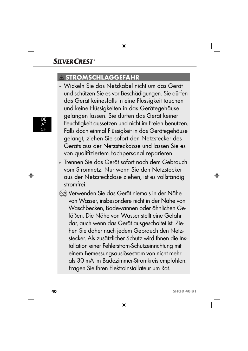 Stromschlaggefahr | Silvercrest SHGD 40 B1 User Manual | Page 43 / 52