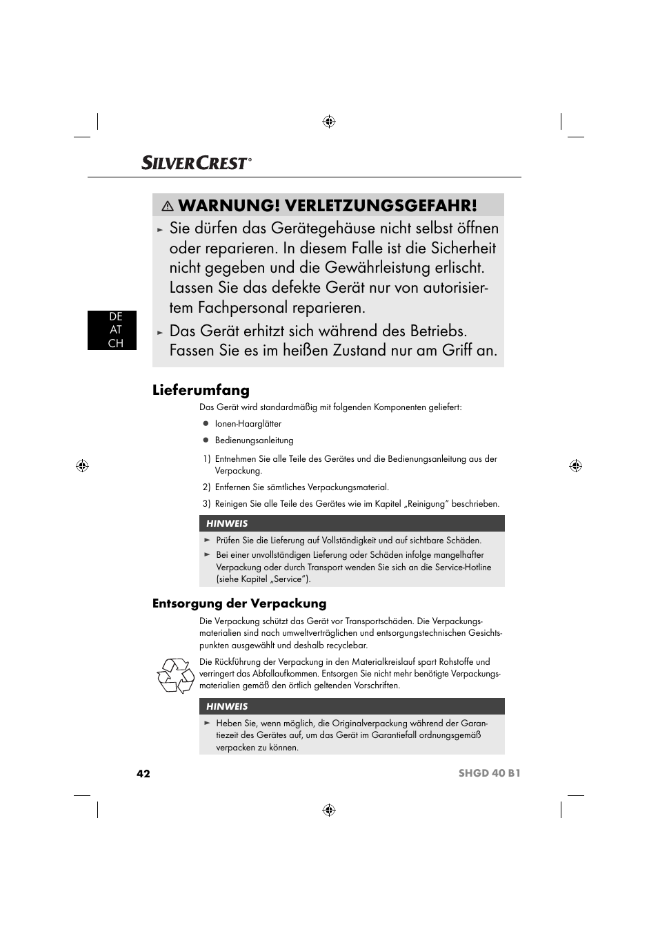 Warnung! verletzungsgefahr, Lieferumfang, Entsorgung der verpackung | De at ch | Silvercrest SHGD 40 B1 User Manual | Page 45 / 52