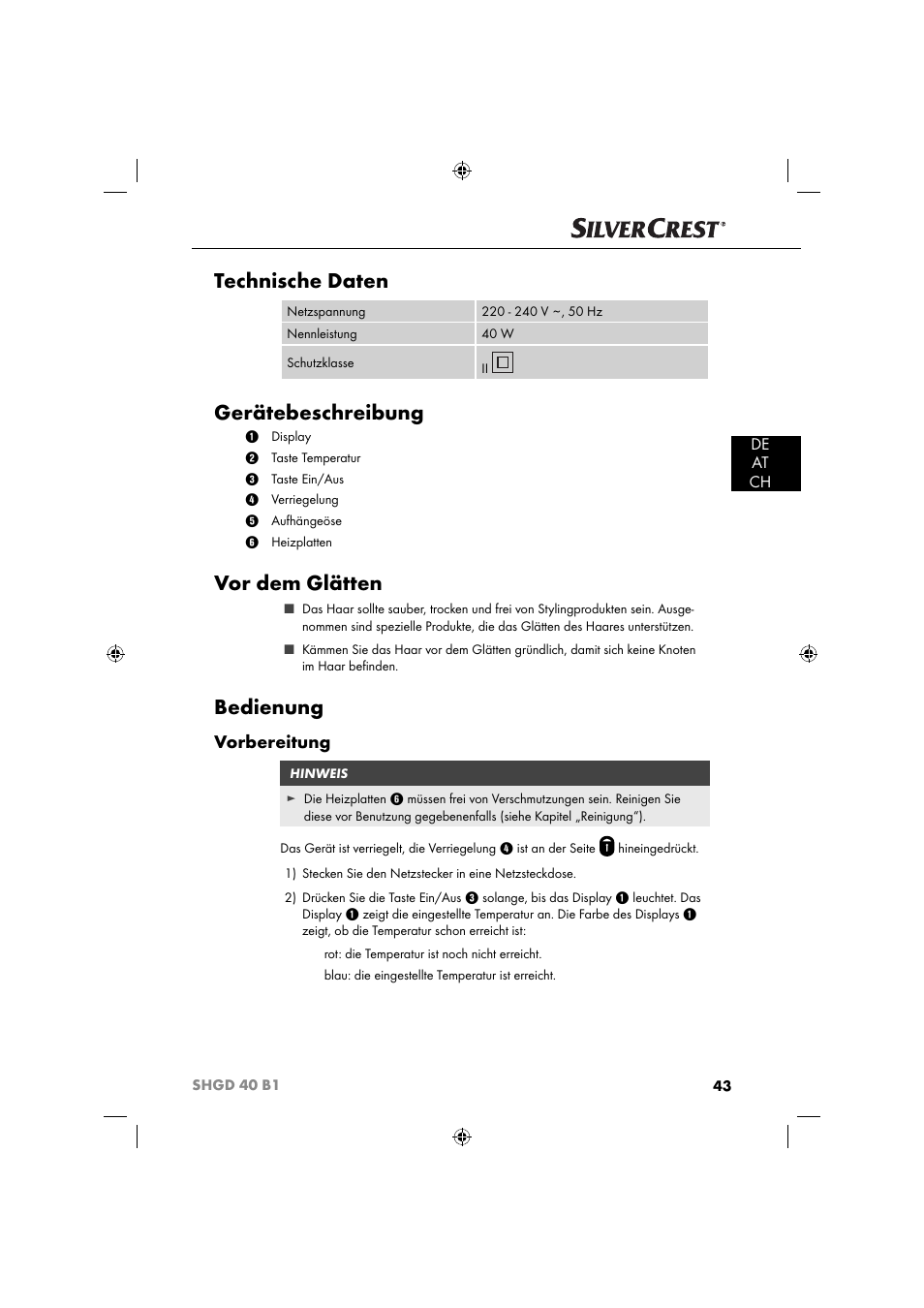 Technische daten, Gerätebeschreibung, Vor dem glätten | Bedienung, Vorbereitung, De at ch | Silvercrest SHGD 40 B1 User Manual | Page 46 / 52