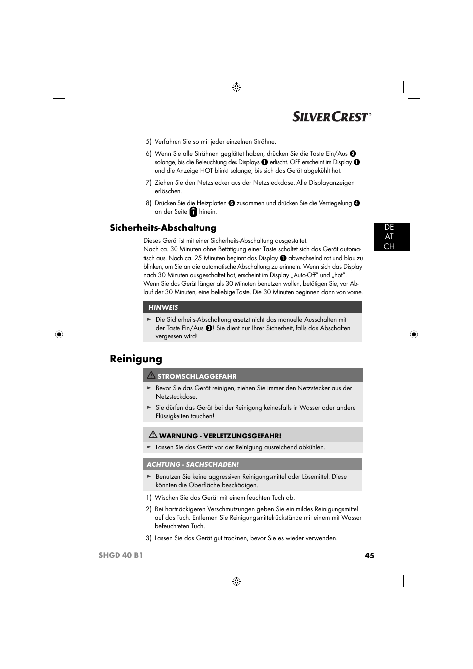 Reinigung, Sicherheits-abschaltung, De at ch | Silvercrest SHGD 40 B1 User Manual | Page 48 / 52