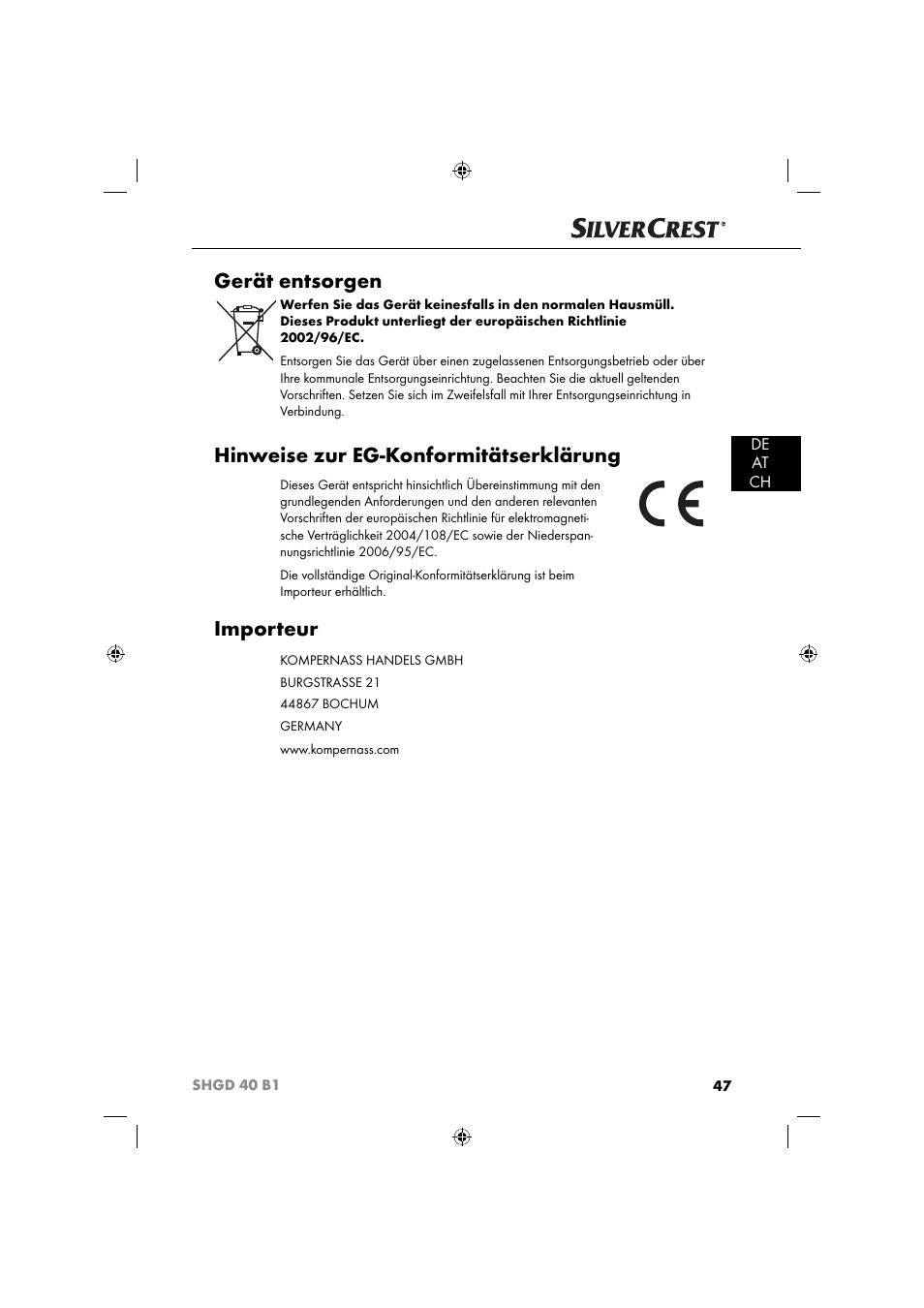 Gerät entsorgen, Hinweise zur eg-konformitätserklärung, Importeur | De at ch | Silvercrest SHGD 40 B1 User Manual | Page 50 / 52