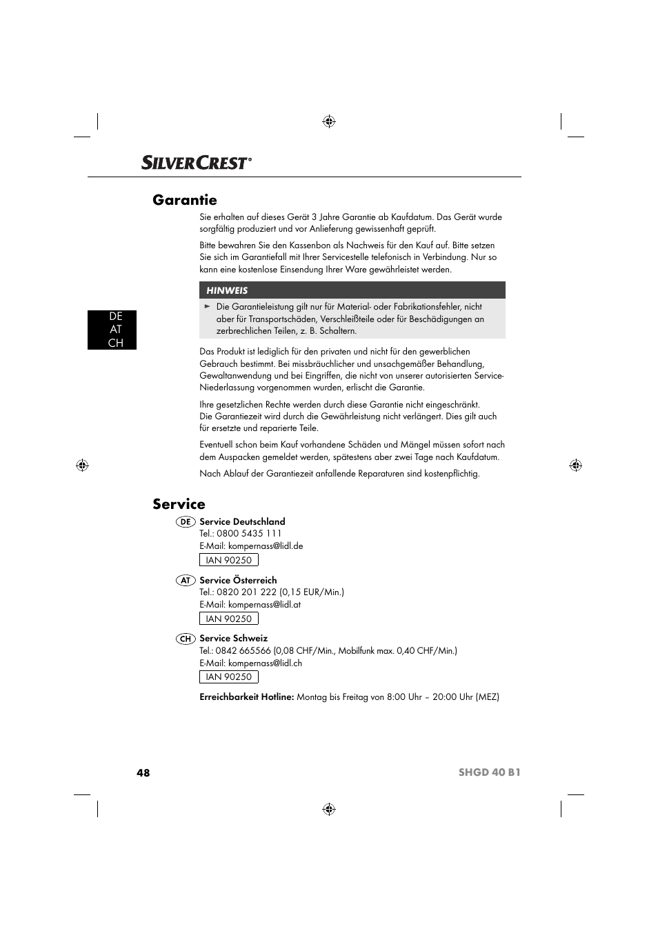 Garantie, Service, De at ch | Silvercrest SHGD 40 B1 User Manual | Page 51 / 52
