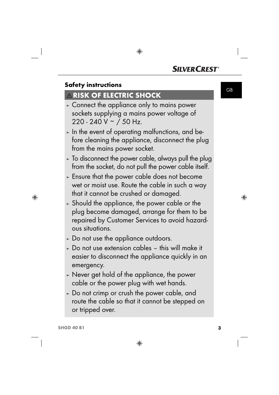 Risk of electric shock, Do not use the appliance outdoors, Safety instructions | Silvercrest SHGD 40 B1 User Manual | Page 6 / 52