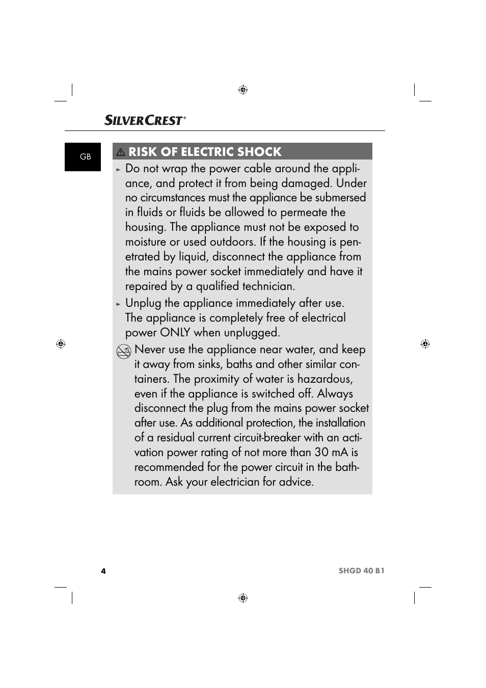 Risk of electric shock | Silvercrest SHGD 40 B1 User Manual | Page 7 / 52