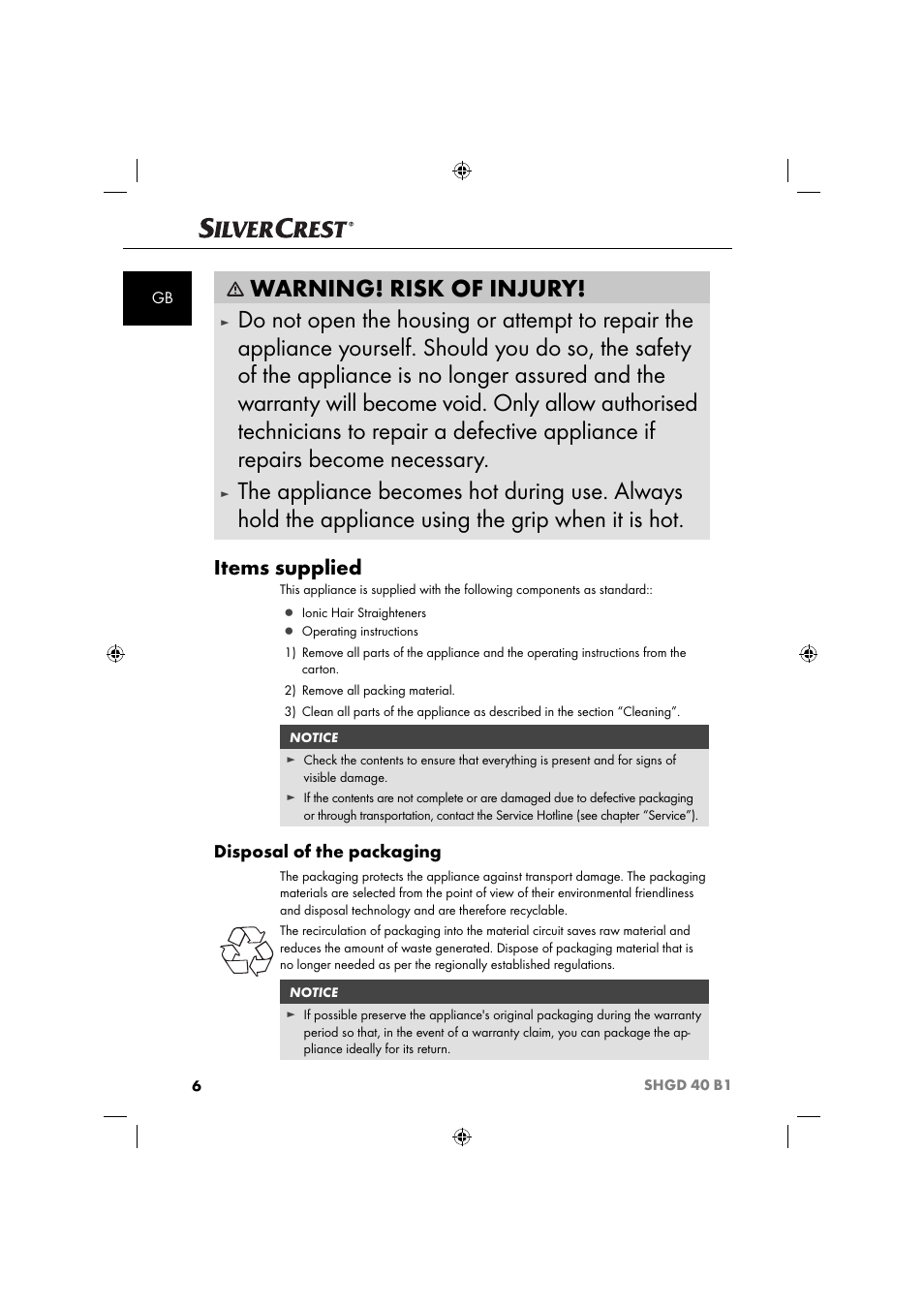 Warning! risk of injury, Items supplied, Disposal of the packaging | Silvercrest SHGD 40 B1 User Manual | Page 9 / 52