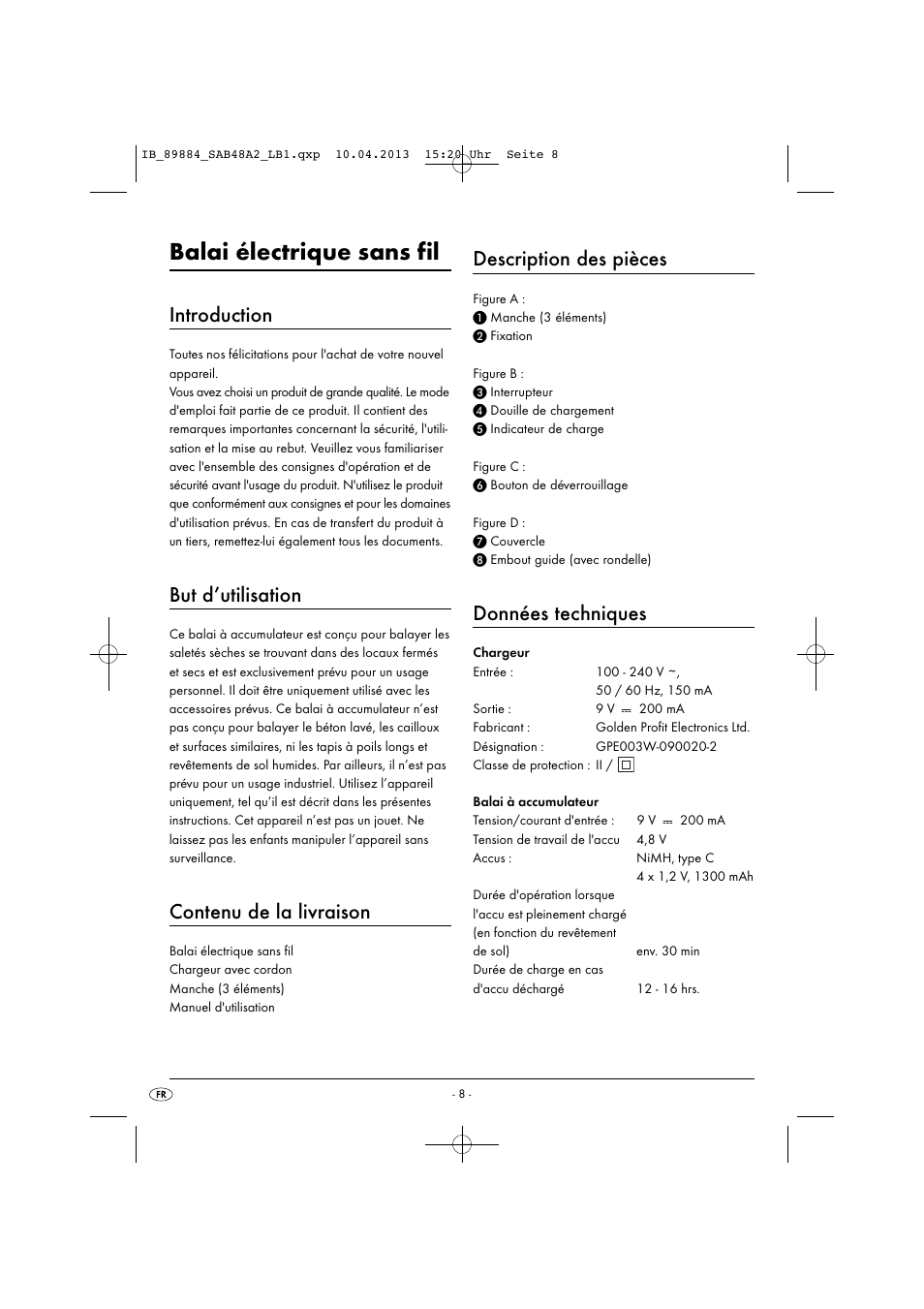 Balai électrique sans fil, Introduction, But d’utilisation | Contenu de la livraison, Description des pièces, Données techniques | Silvercrest SAB 4.8 A2 User Manual | Page 11 / 33