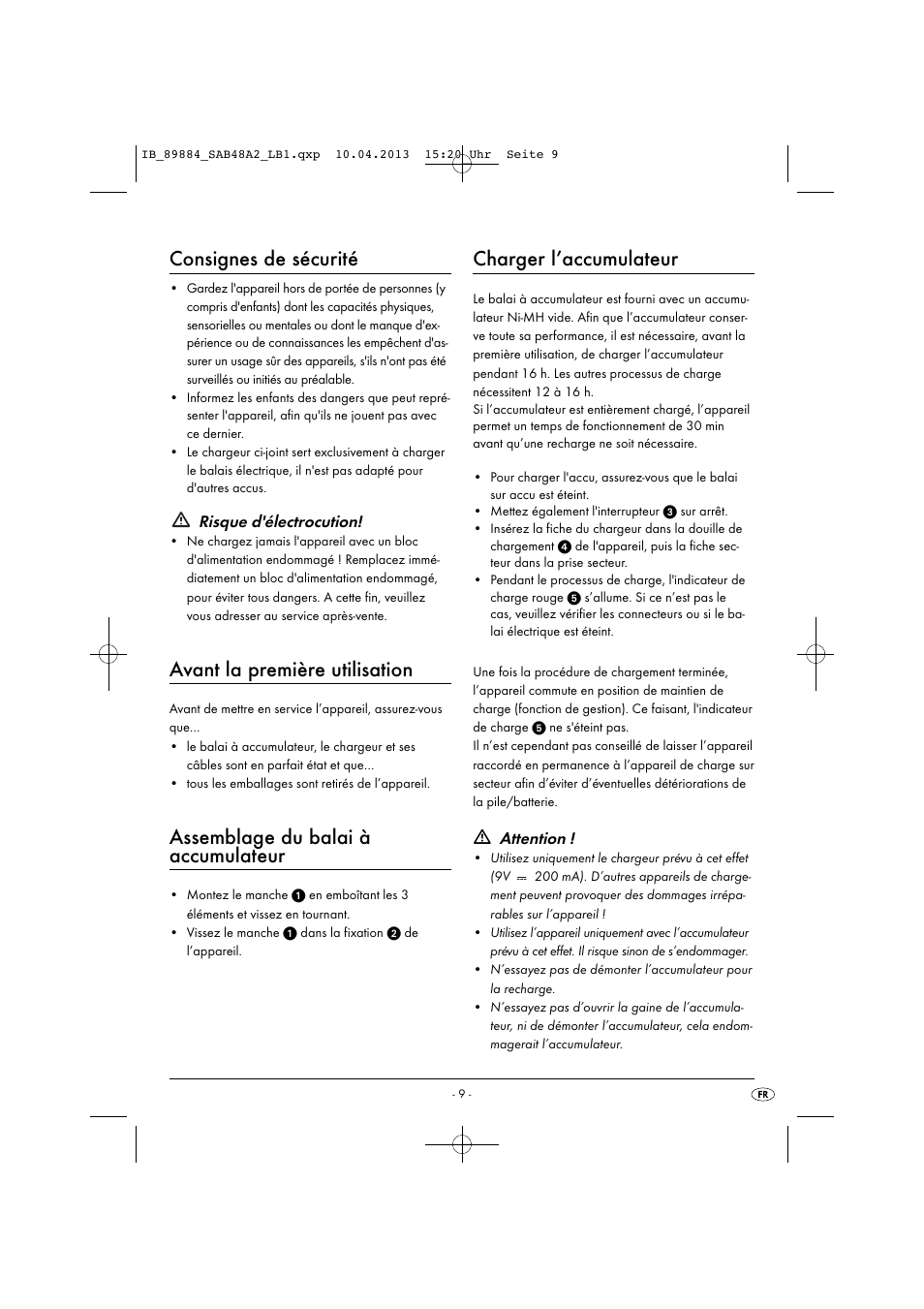 Consignes de sécurité, Avant la première utilisation, Assemblage du balai à accumulateur | Charger l’accumulateur, Risque d'électrocution, Attention | Silvercrest SAB 4.8 A2 User Manual | Page 12 / 33