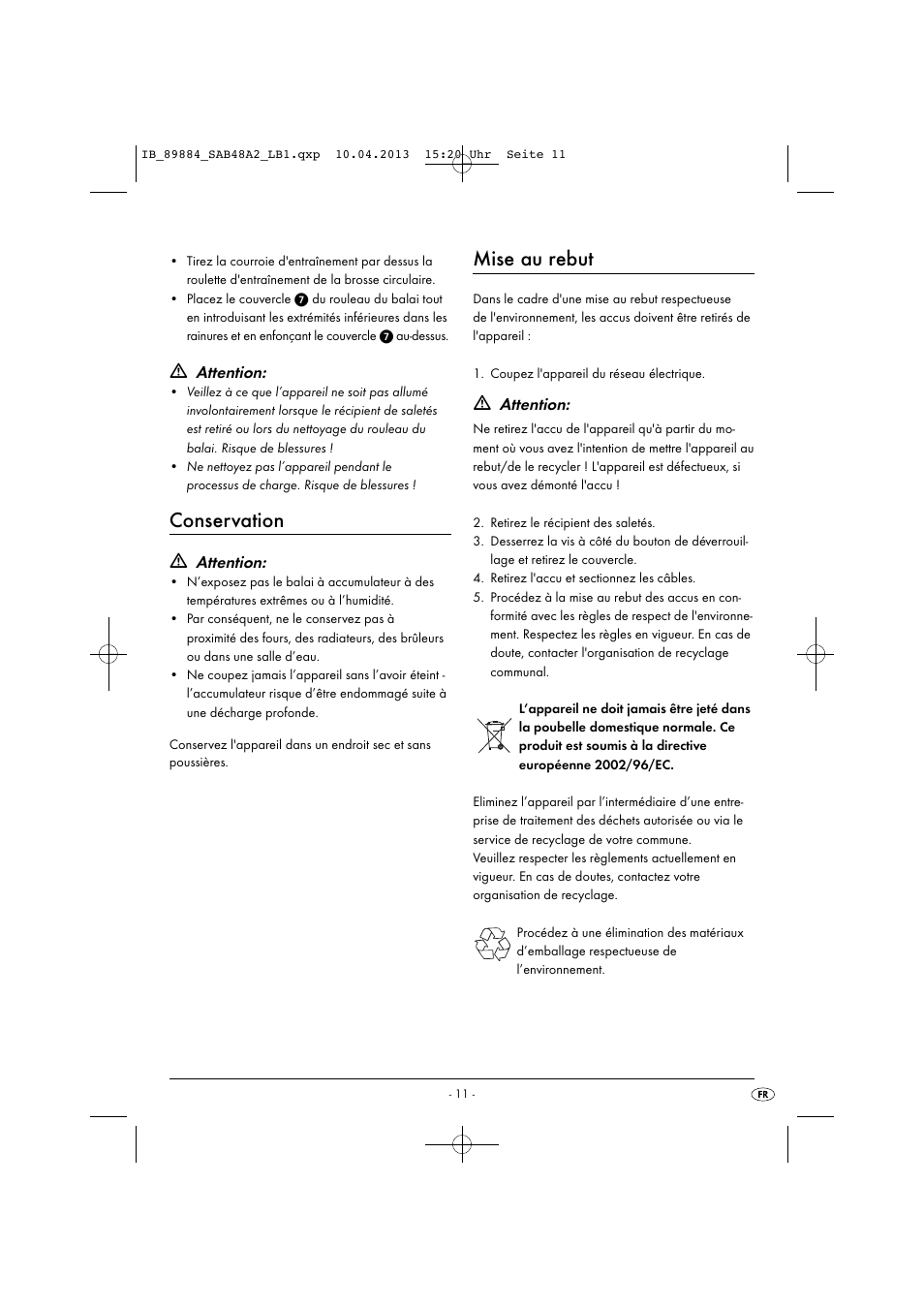 Conservation, Mise au rebut, Attention | Silvercrest SAB 4.8 A2 User Manual | Page 14 / 33