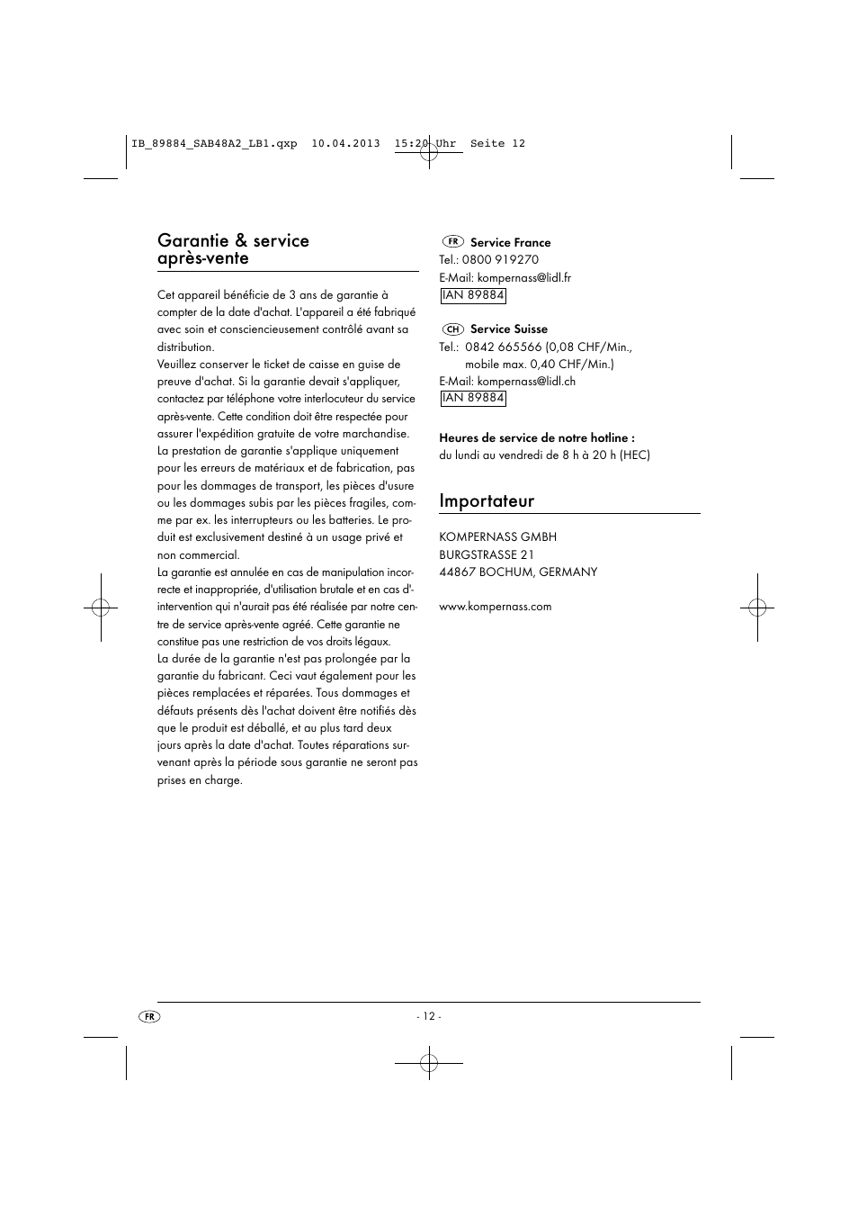 Garantie & service après-vente, Importateur | Silvercrest SAB 4.8 A2 User Manual | Page 15 / 33