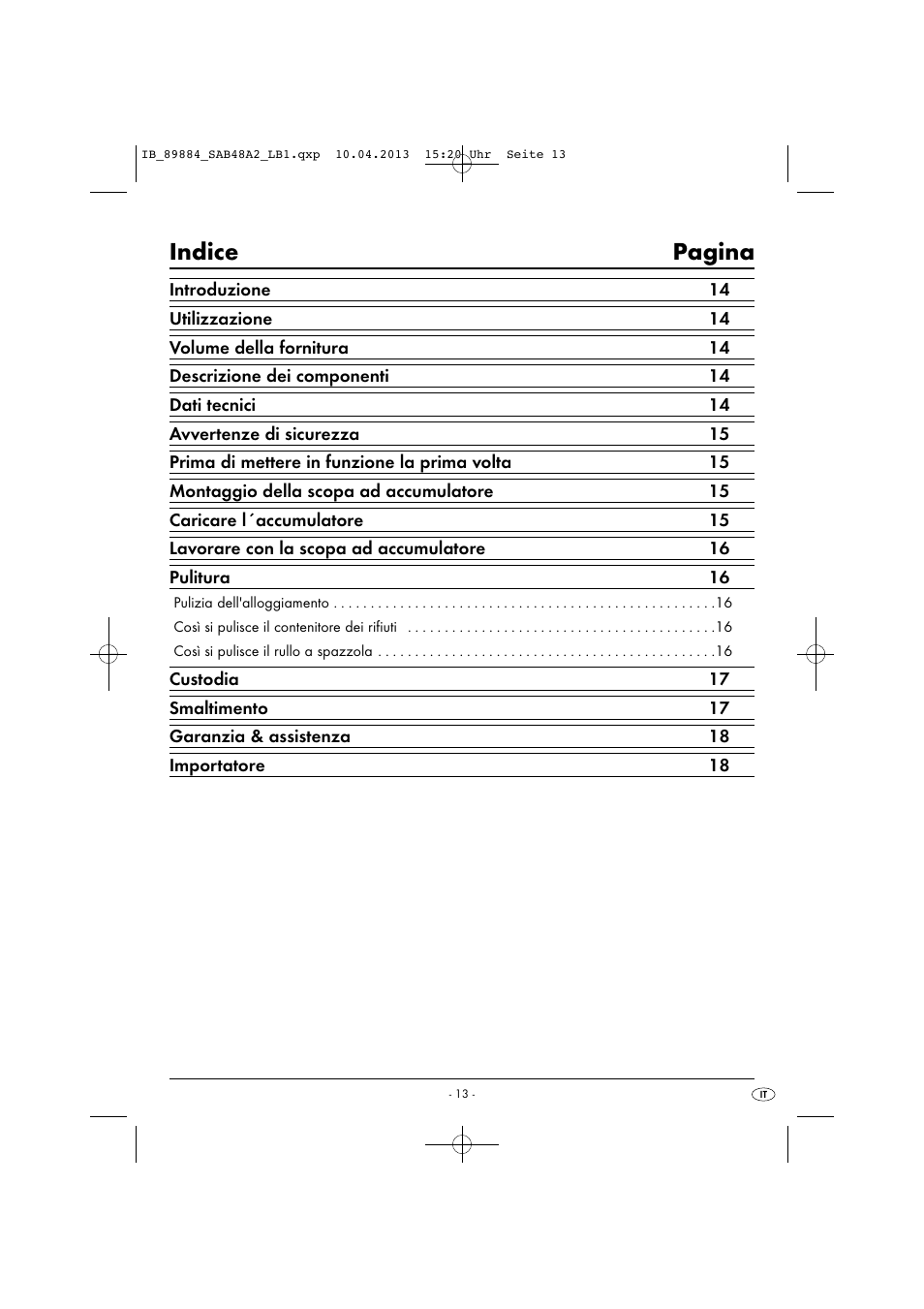 Indice pagina | Silvercrest SAB 4.8 A2 User Manual | Page 16 / 33