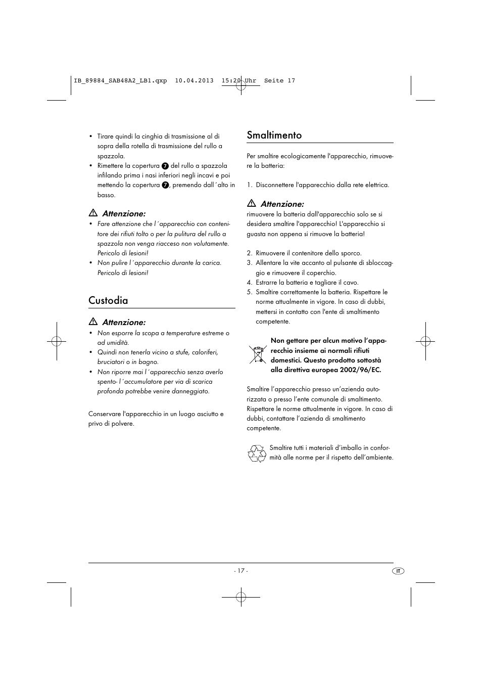Custodia, Smaltimento, Attenzione | Silvercrest SAB 4.8 A2 User Manual | Page 20 / 33