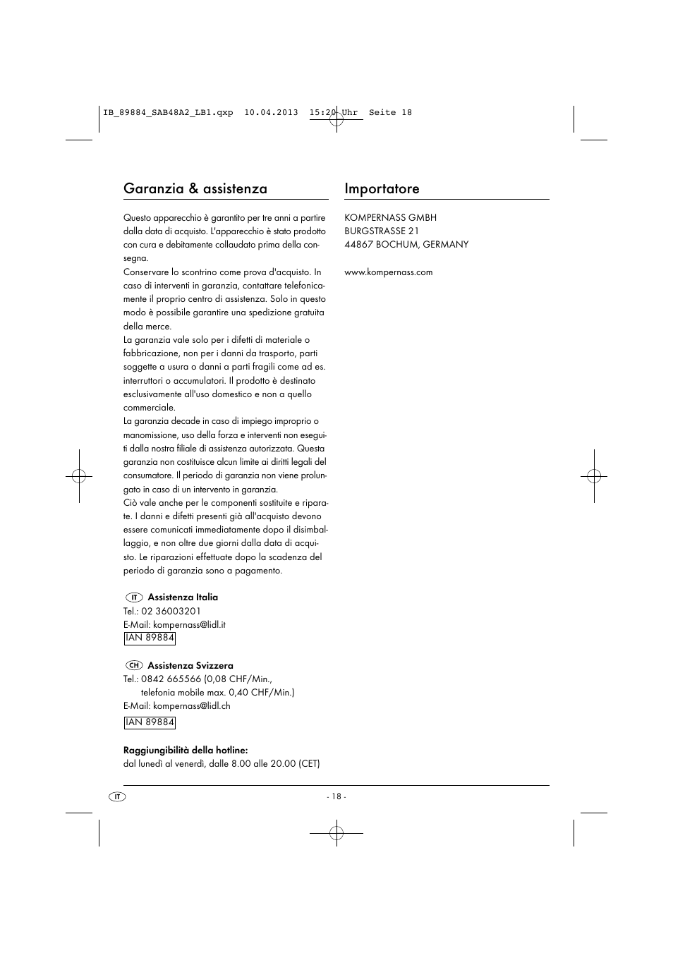 Garanzia & assistenza, Importatore | Silvercrest SAB 4.8 A2 User Manual | Page 21 / 33